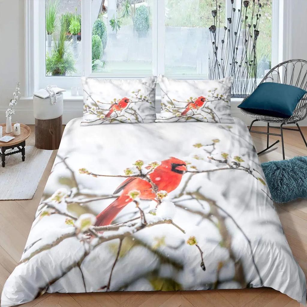 Kardinal Nevresim Takımı Kırmızı Kuş Yatak Takımı Çocuk Gençlik Çam Ağacı Yorgan Kılıfı Hayvan Kar King Boyutu Yumuşak Yorgan Kılıfı