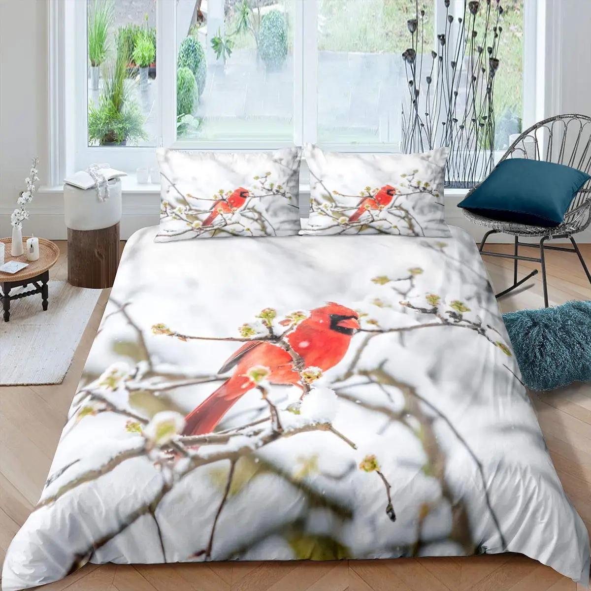 

Cardinal Duvet Cover Set Red Bird Bedding Set For Child Youth Pine Tree Comforter Cover Animal Snow King Size Soft Quilt Cover EU Single(135*200cm)3pcs