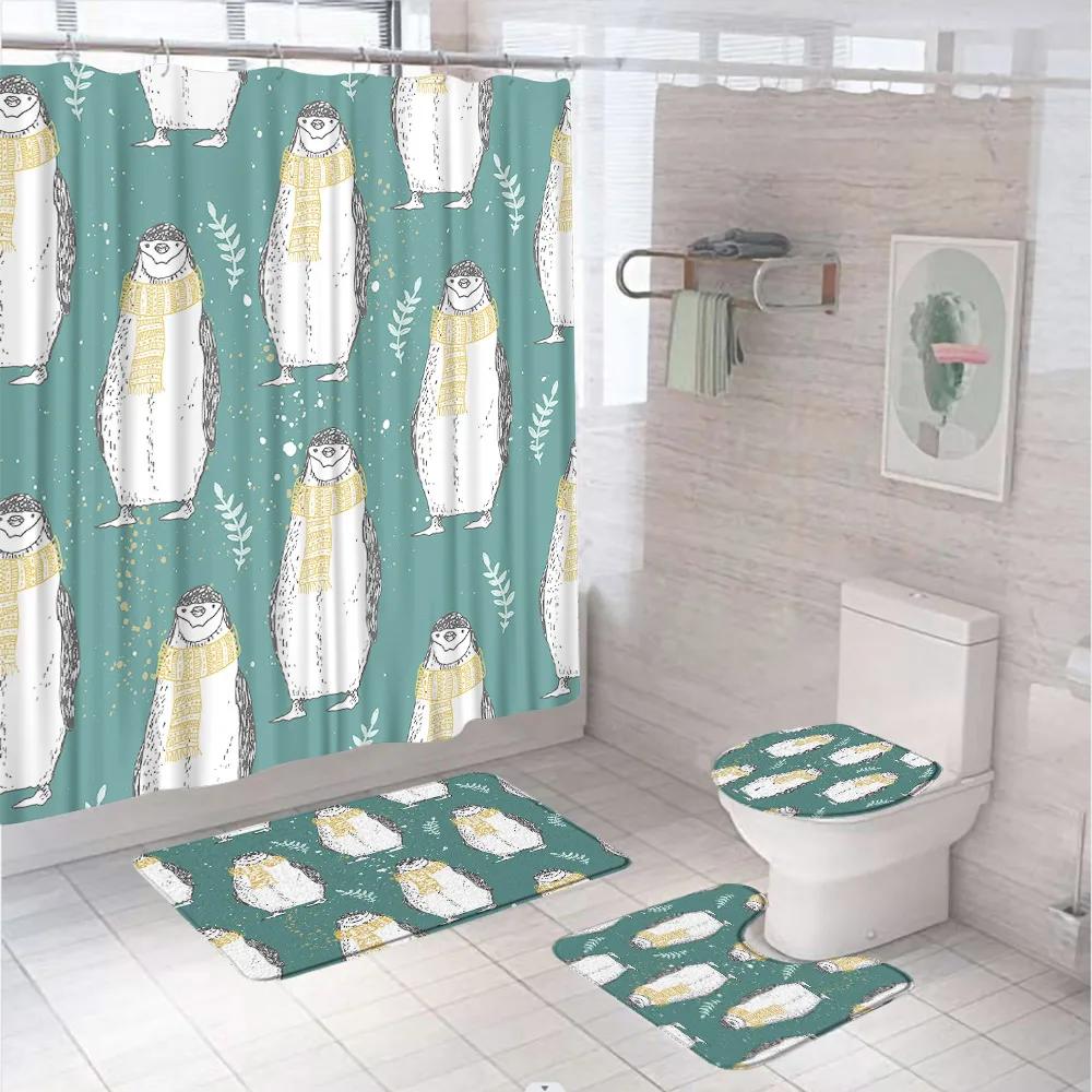 Funny Penguin Shower Curtain Set Animal Antarctic Ice Field Nature Blue Sky Bathroom Curtains Non-Slip Bath Mat Rug Toilet Cover