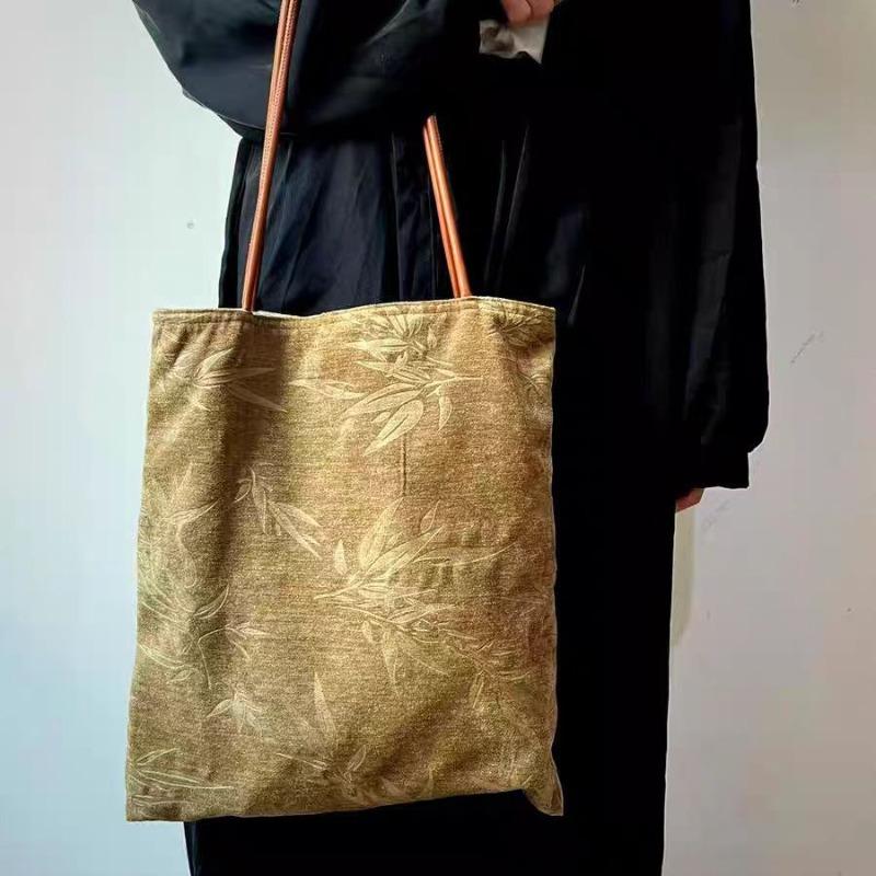 Autumn and winter new Chinese style cheongsam bag bamboo leaf embossed corduroy large capacity tote shoulder handbag cloth bag