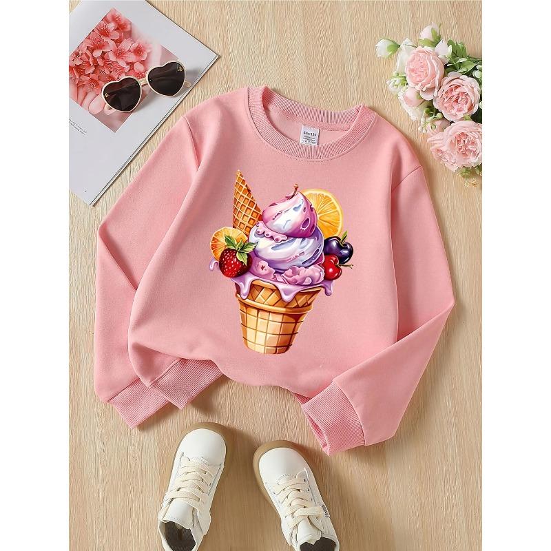 European sizes Girls' Crewneck Sweatshirt - Ice Cream Cone with Fruits & Berries, Soft Comfy Sportswear for Children & Teens