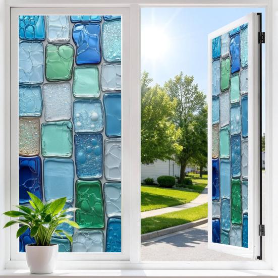 Stained Glass Effect Window Film Geometric Pattern Decorative Static Cling UV Block Heat Control Vintage Rainbow Window Sticker for Living
