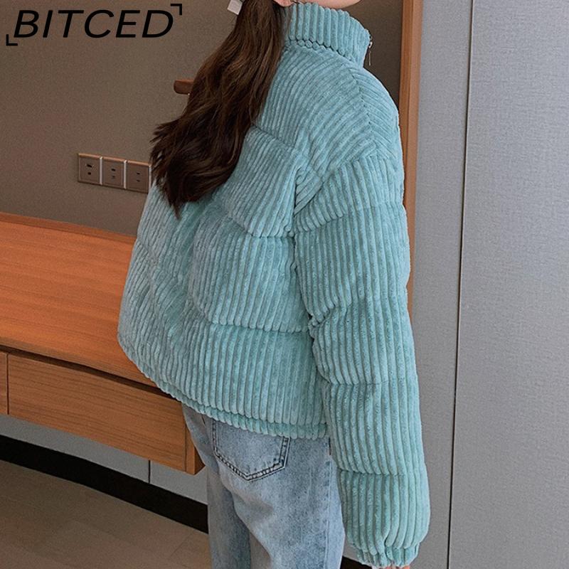 BITCED Winter Women's Stand Collar Short Corduroy Quilted Down Jacket Loose-Fit Lightweight Cotton-Padding Coat