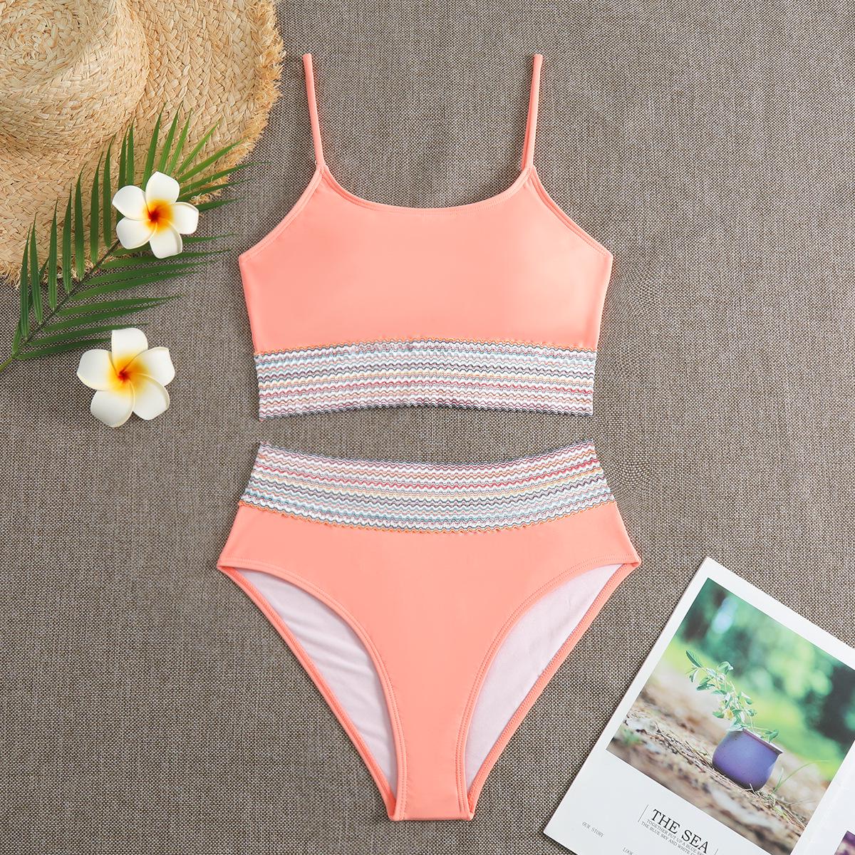 

High Waist Colorblock Bikini Set 2025 - European & American Slimming Split Swimwear Extra Large оранжевый/розовый