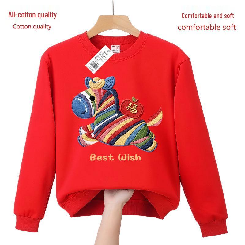Red Zebra Print Crewneck Sweatshirt - Unisex, All Cotton, Festive New Year 2026 Horse Zodiac