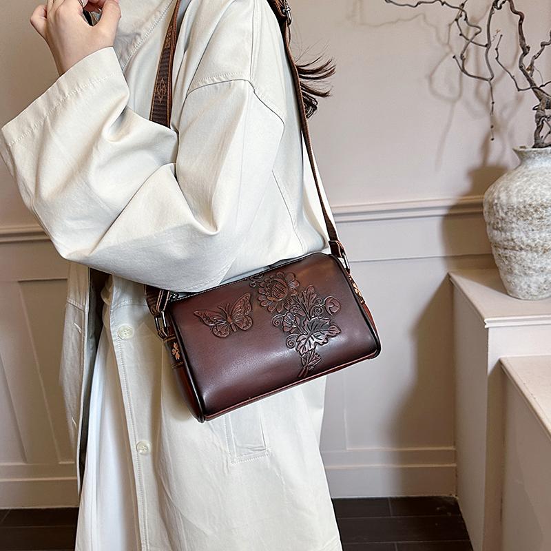 Vintage PU Leather Women Cylinder Crossbody Bag Butterfly Floral Embossed Shoulder Bag Wide Strap Retro Ladies Small Handbag for Daily Shopping