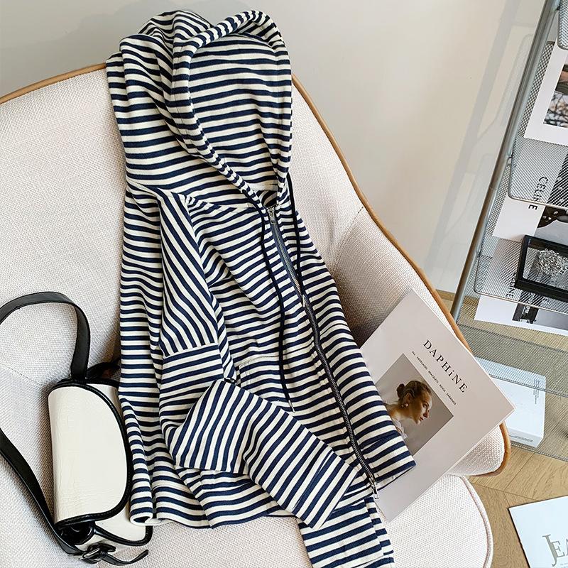 New Autumn and Winter Striped Hooded Sweatshirt for Women, Loose, Long, Lazy, Niche, Versatile Zipper Cardigan Top