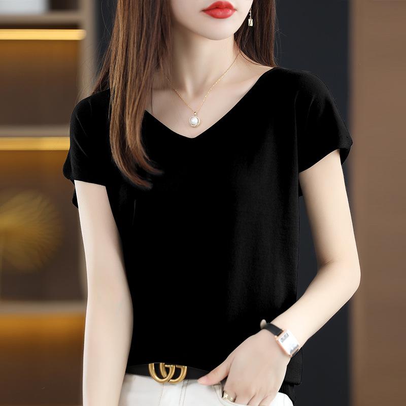 2023 Women's Ice Silk V-neck Summer Top: Short Sleeve T-shirt & Sleeveless Knitted Vest
