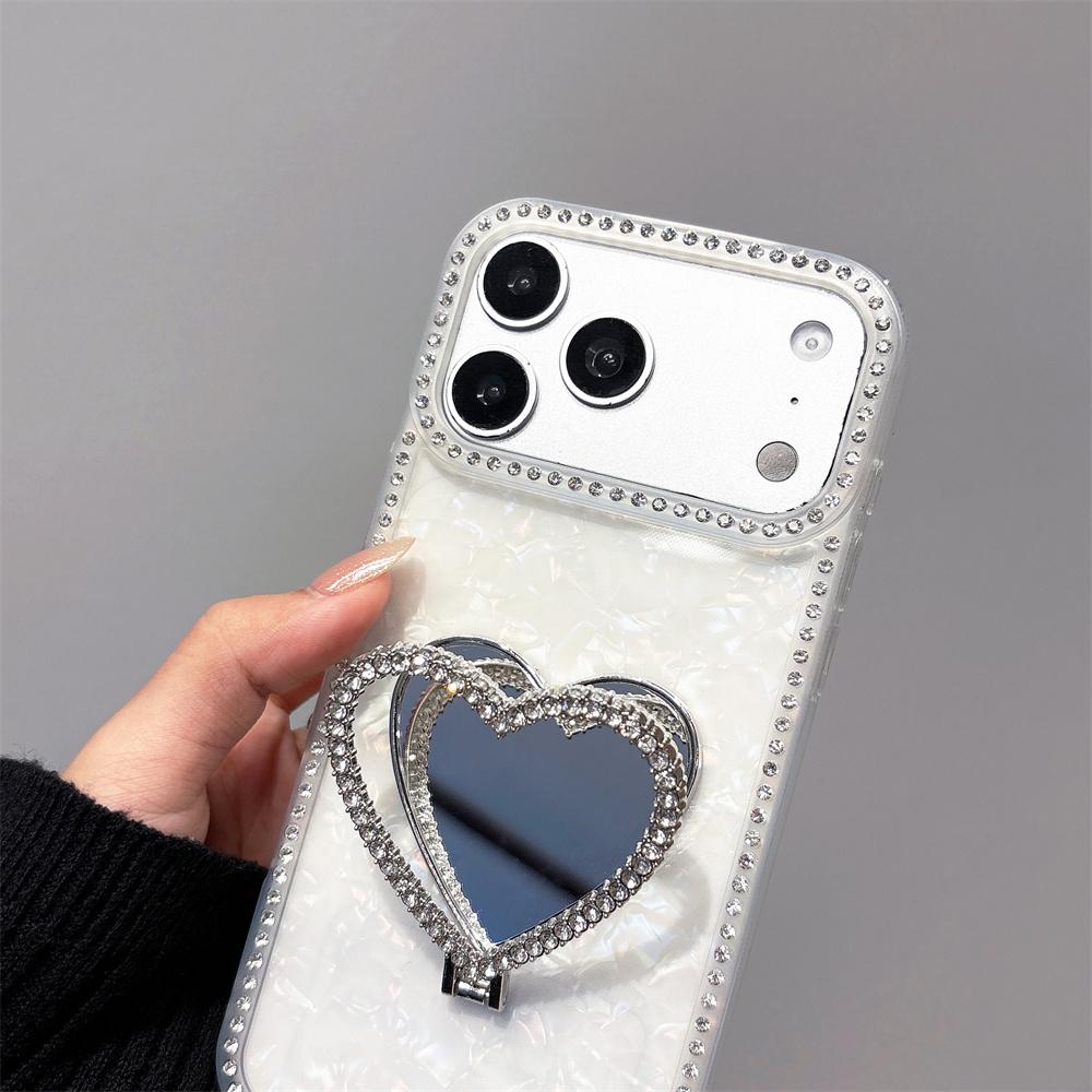 Luxury Sparkling Glitter Rhinestone Heart Mirror Phone Case for iPhone 17 Pro Max 16 15 14 13 Crystal Wrist Strap Protect Cover
