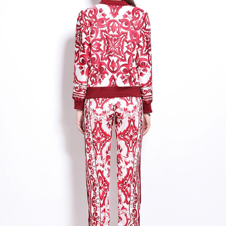 Spring Autumn Fashion Designer Print Runway 2 Piece Set Women Zipper Jacket Coat And Elastic Waist Pocket Pencil Pant Suit