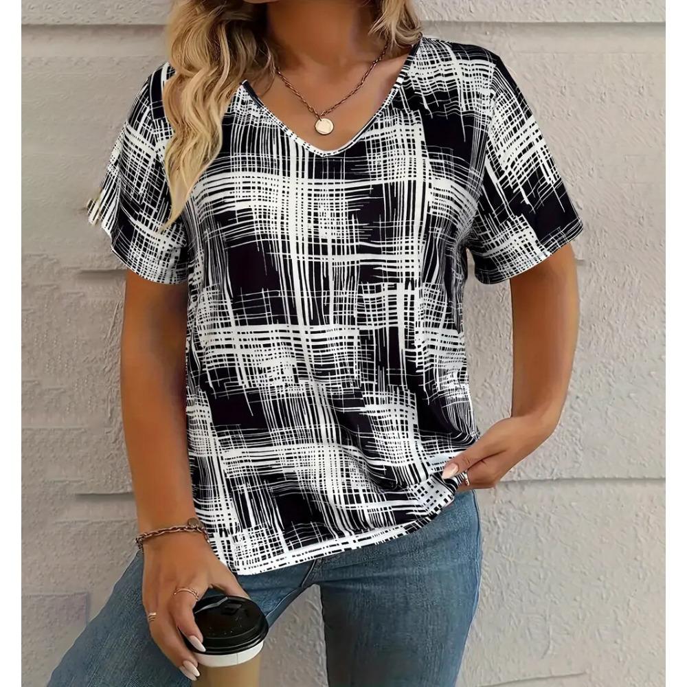 

Летняя клетчатая футболка с принтом в винтажном стиле, женская, повседневная одежда для улицы, с V-образным вырезом, с коротким рукавом, модные уличные футболки M