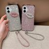 For iPhone 16 Case with Strap Full Rhinestone Lip Decor TPU+PC Phone Back Cover