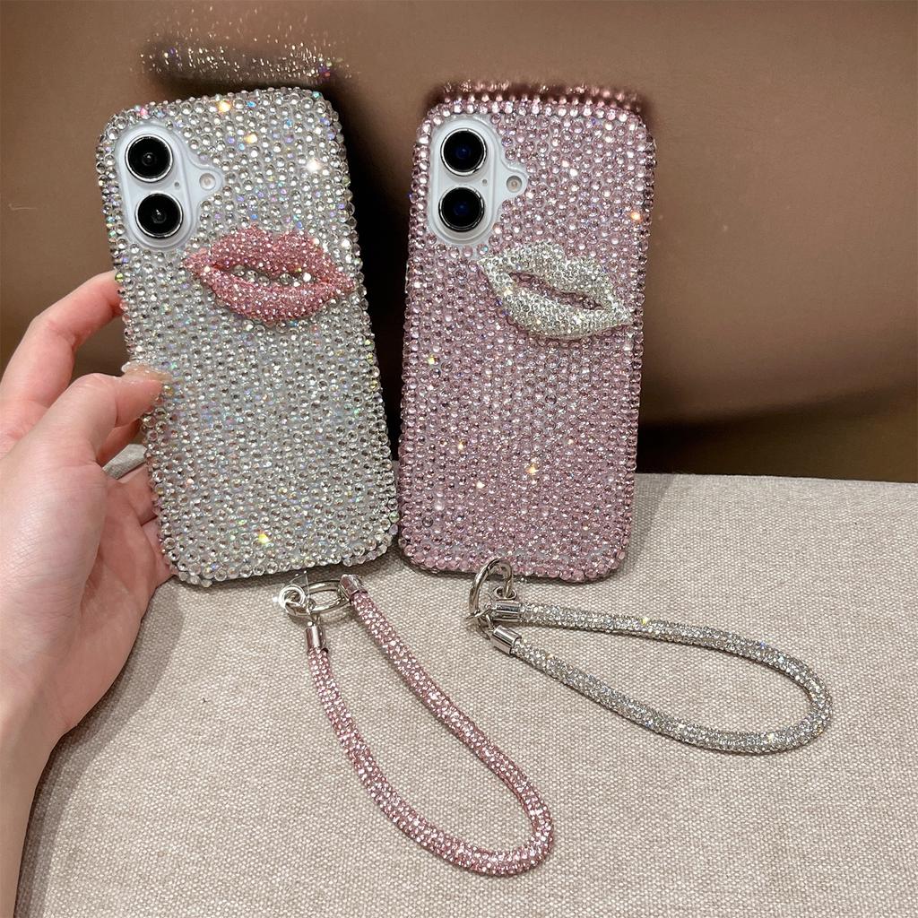 For iPhone 16 Case with Strap Full Rhinestone Lip Decor TPU+PC Phone Back Cover