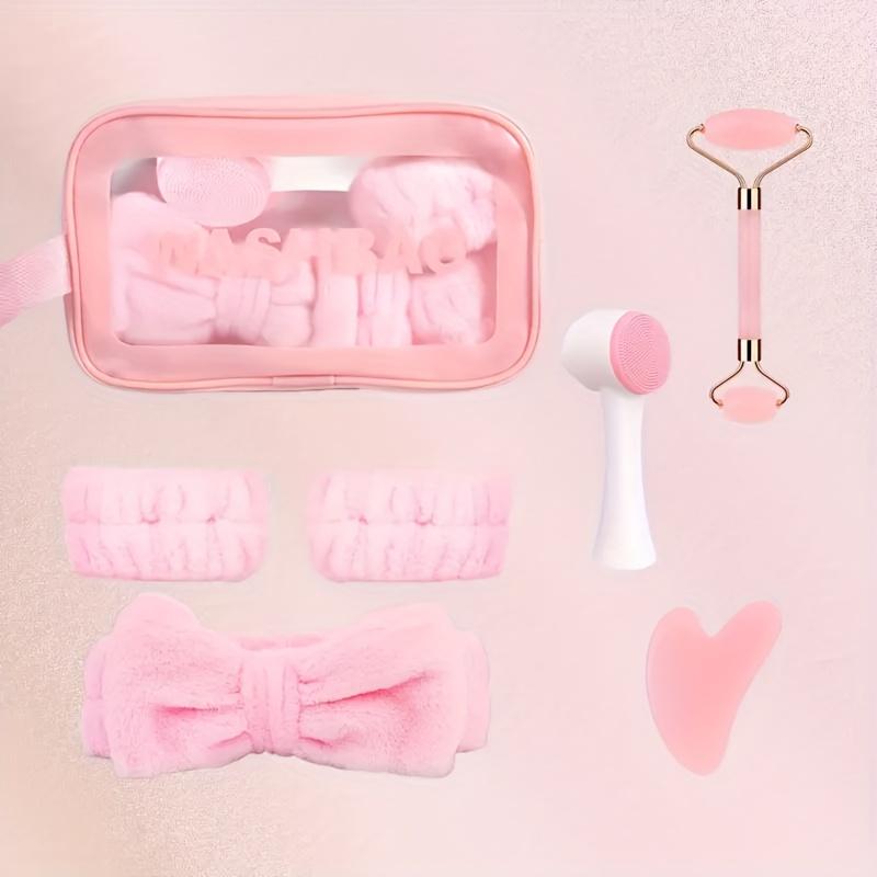 7-piece facial cleansing and massage set with a silicone dual-ended brush, dual-ended roller, and heart-shaped gua sha tool
