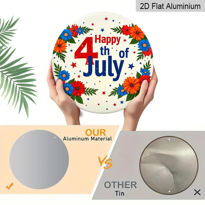 2D Flat, 1pc Round "Happy 4th of July" Aluminum Hanging Sign, Floral Patriotic Star Letter Design, Rustic Metal Wall Decor, Perfect for Independence