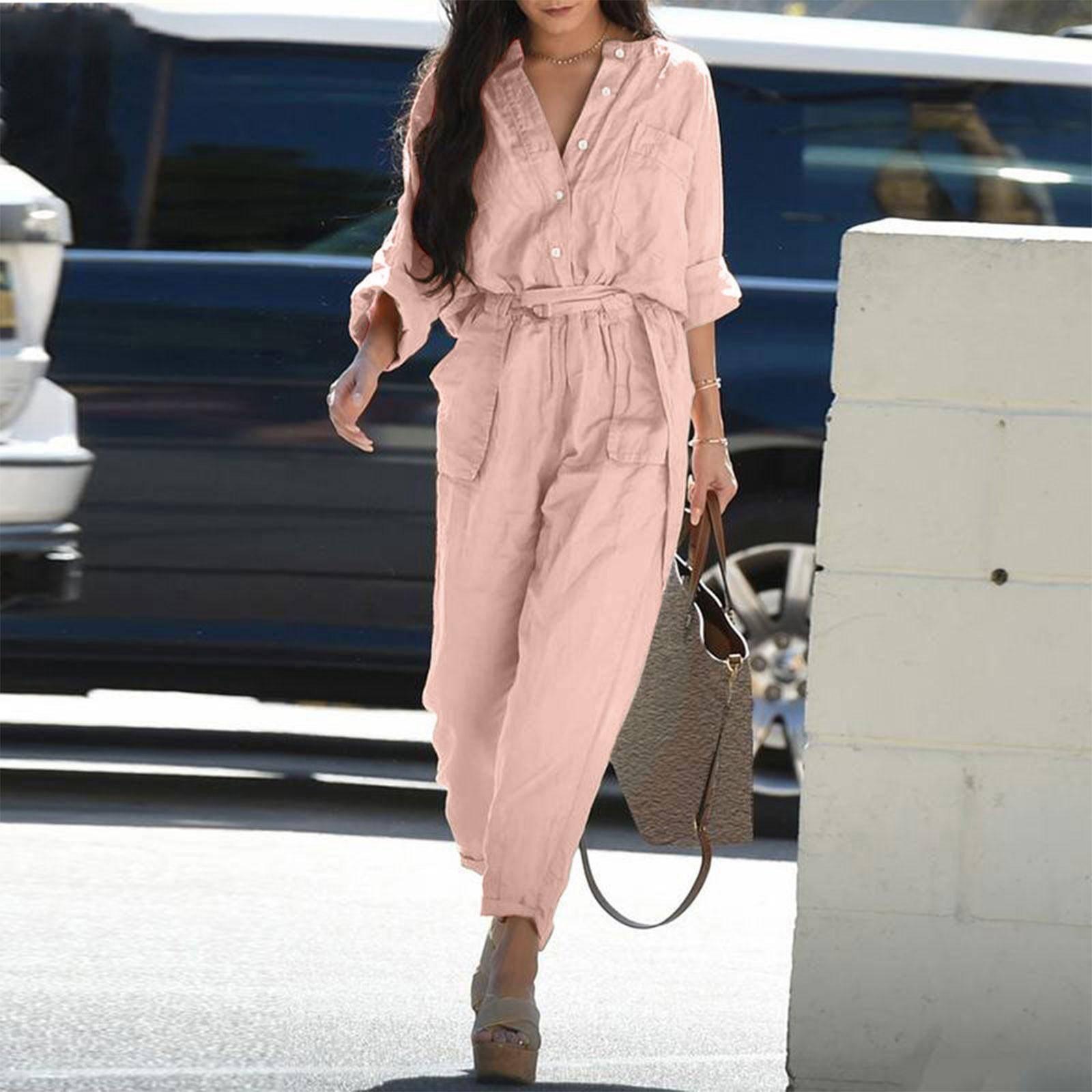 

Женская мода в стиле ретро, ​​повседневный свободный однотонный комбинезон-карго из хлопка и льна с лацканами и поясом