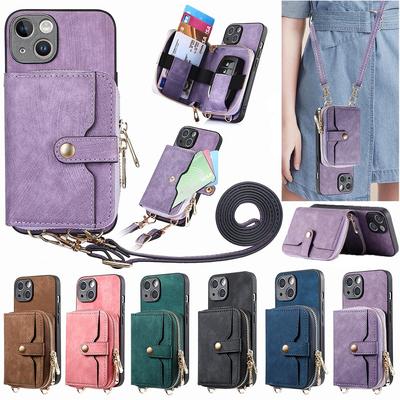 Crossbody Çok Fonksiyonlu Fermuar Deri Çanta Cüzdan Kılıf iPhone 15 14 Artı 13 12 11 Pro Max Samsung S24 S23 S22 S21 S20 Ultra Artı A15 A25