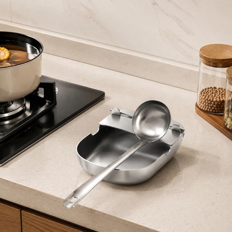 Kitchen Tool Stand with Sauce-Catching Tray, Vertical Support for Cooking Implements, Brushed 304 Steel Body, and Nonslip Base for Counter Use