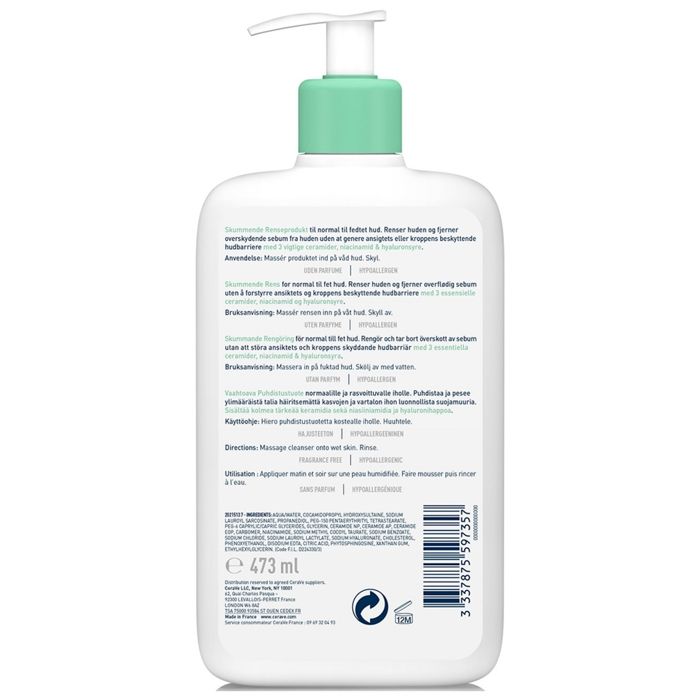 Gel Moussant - Cerave - 473ml - Peaux Normales À Grasses - Hypoallergénique - Non-comédogène