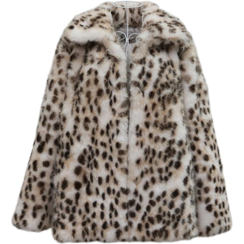 Women's fur jacket mink medium and long coat leopard print color casual winter warm babes party clothing