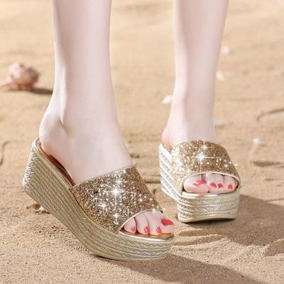 Modeschuhe für Frauen Kristalle Frau Hausschuhe Rhenstone Juwelen Außen Keil Slides Ferse Leder Sandalen Sommerschuhe 39 2024 Eva