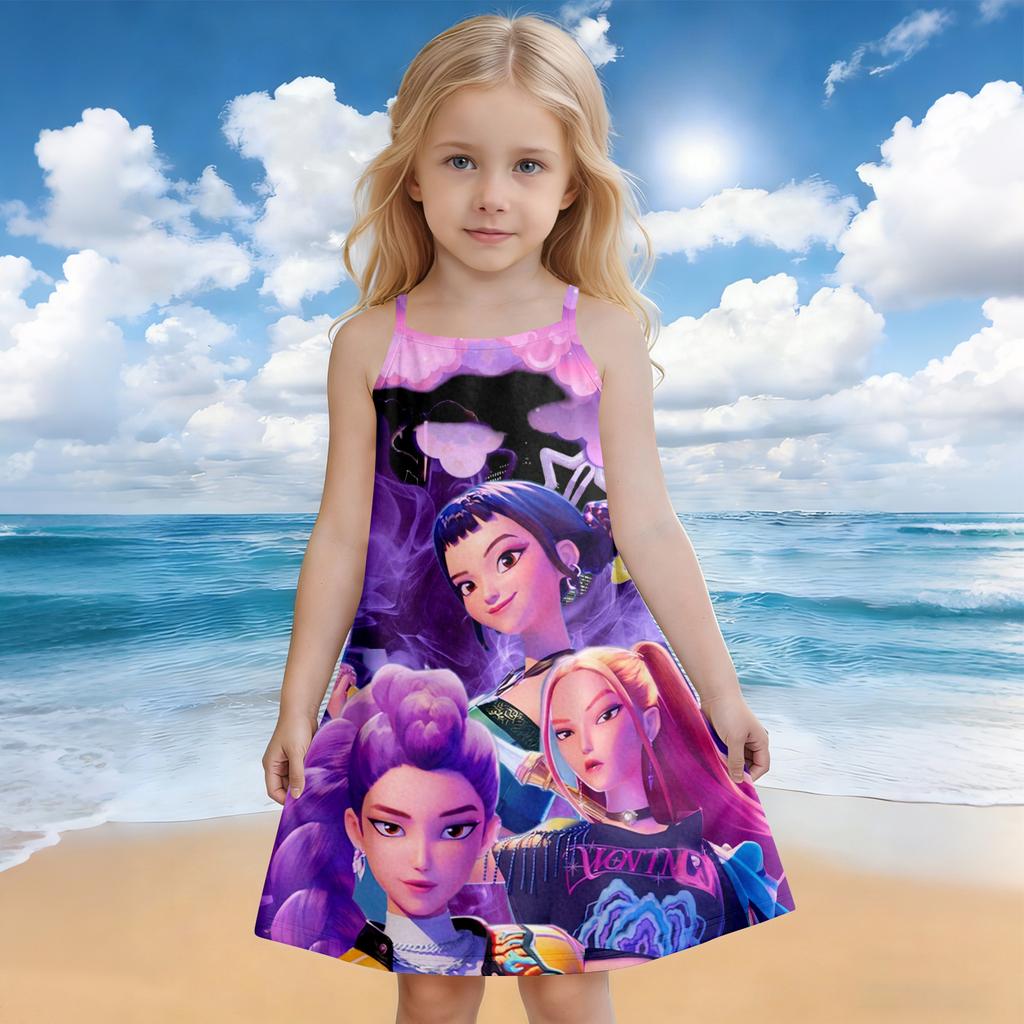 Girls Summer Sleeveless Dress Casual A-Line Dress Cartoon Print Sleeveless Dress Lightweight Soft Fabric Dress for Kids