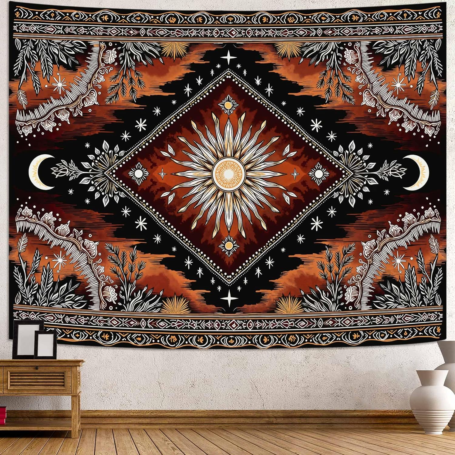 VIKAMA Sun Moon Tapestry Bedroom Hippie Bohemian Flower Wall Tapestry Retro Flower Plants Heavenly Spirit Grand Tapestry 74x94cm(29x37in)