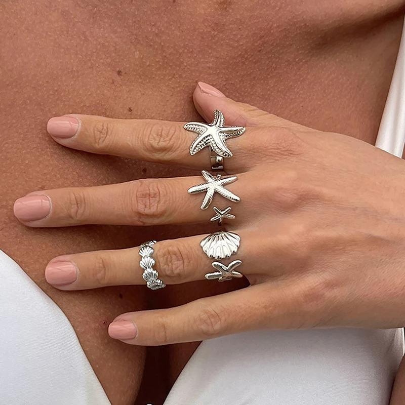 4Pcs/set Starfish Shell Hot Sale Open Rings for Women Men Gold Color Irregular Textured Adjustable Rings Set Jewelry Gifts
