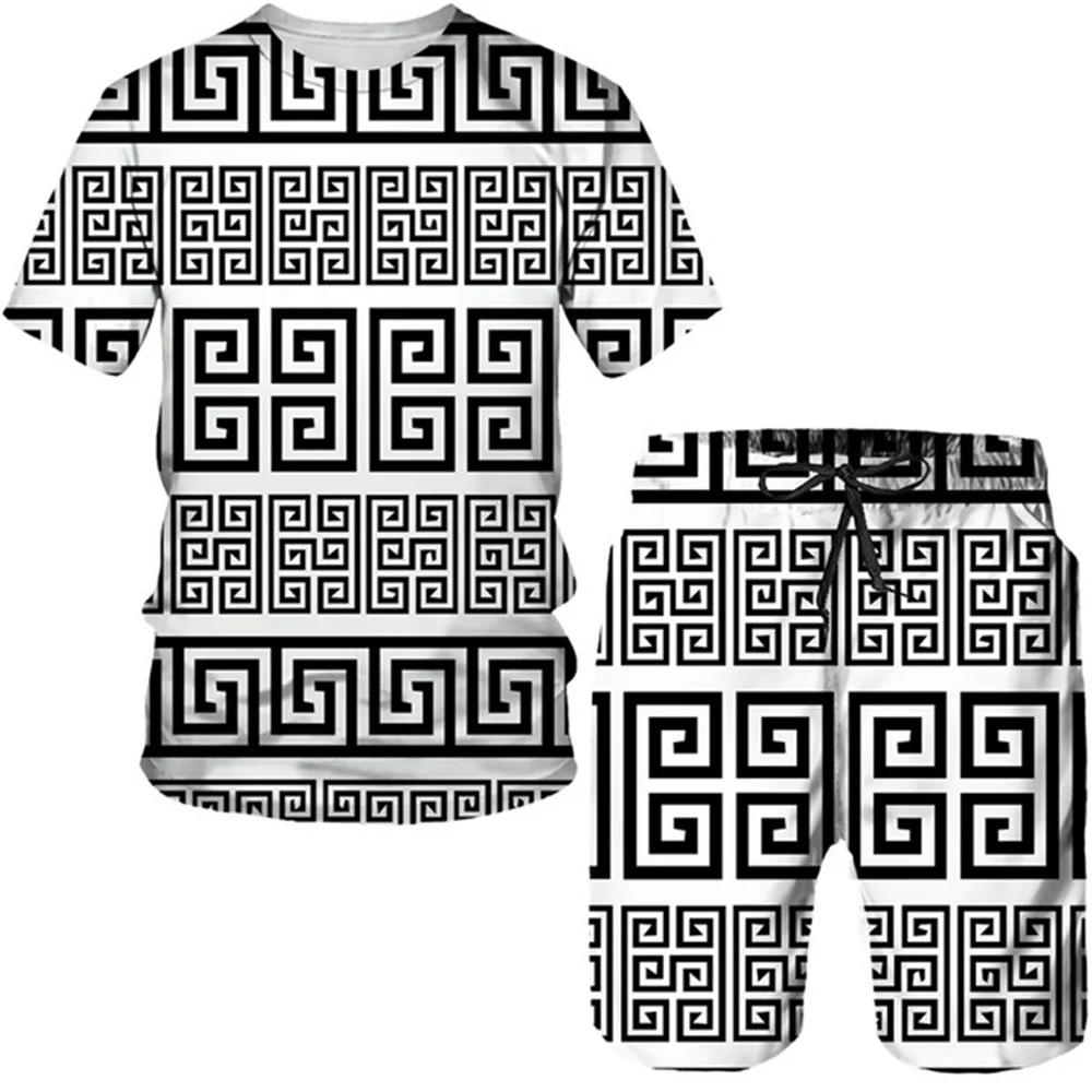 Summer 3D Printed T-shirt Shorts 2-Piece Set Casual Luxury Vintage Gold Pattern Men's Sports Suit 2024 Street Fashion Men's C