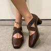 Fashion Women Pumps Thick Medium Heel Crossed Elastic Band Ballet Shoes Woman Vintage Square Toe Burgundy Pump Spring Autumn Heels Women