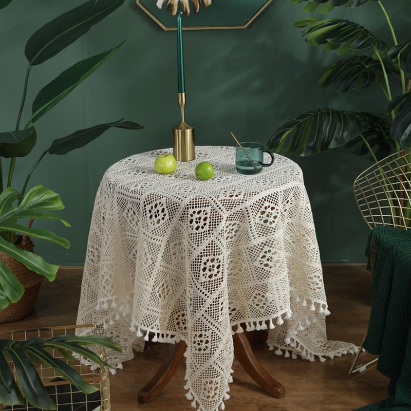Tovaglia all'uncinetto fatta a mano con nappe, pizzo decorativo traforato stile Boho per tavolo da pranzo, tavolino da caffè