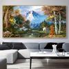 Autumnal Landscape Painting Style Unframed Canvas Poster with Quaint Houses & Snow-Capped Mountains Home Artistic Wall Decor