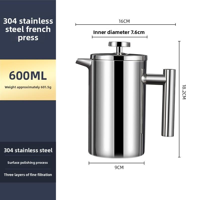Inner and Outer 304 Stainless Steel Filter Coffee Maker with Double-layer Insulation for Keeping Coffee Warm. Pressing Coffee Maker.