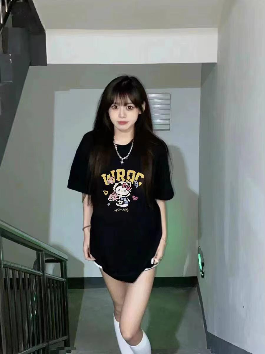 

2026 Summer Hello Kitty American Retro Preppy Theme Print Oversized Loose Comfortable summer loosefitting Womens clothing S
