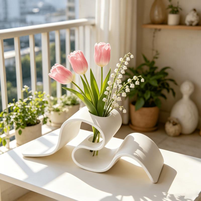 Minimalist White Plastic Vase Creative Curved Wavy Design For Living Room Bedroom Desktop Home Decor Ornament