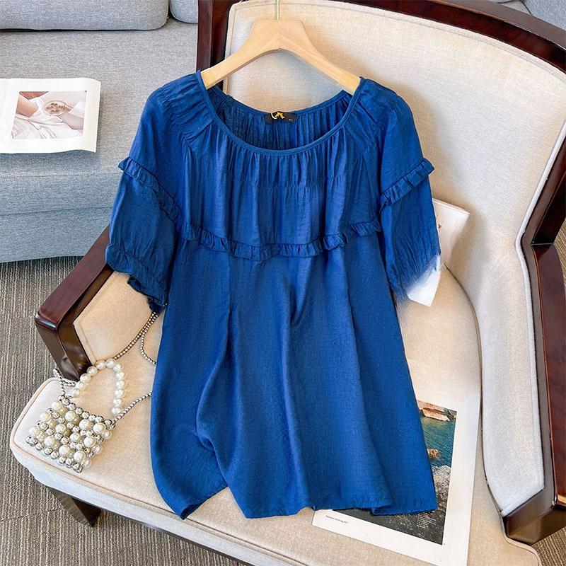 

Плюс Размер Женский Летний Новый Маленький Свежий Свободный Лотос Короткий Рукав Топ 6XL синий