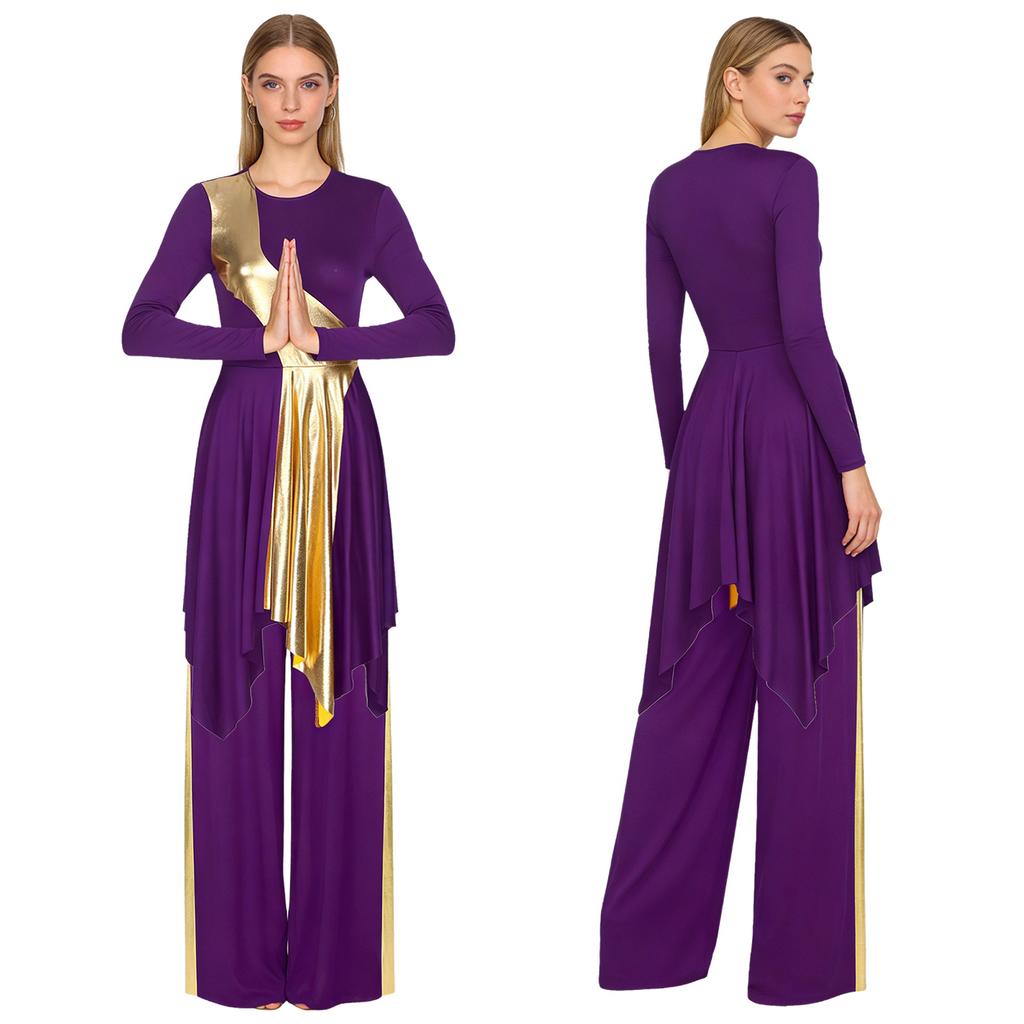 Abito da danza liturgica da donna - Abito patchwork metallizzato con pantaloni a gamba larga, orlo asimmetrico e maniche lunghe per esibizioni in chiesa