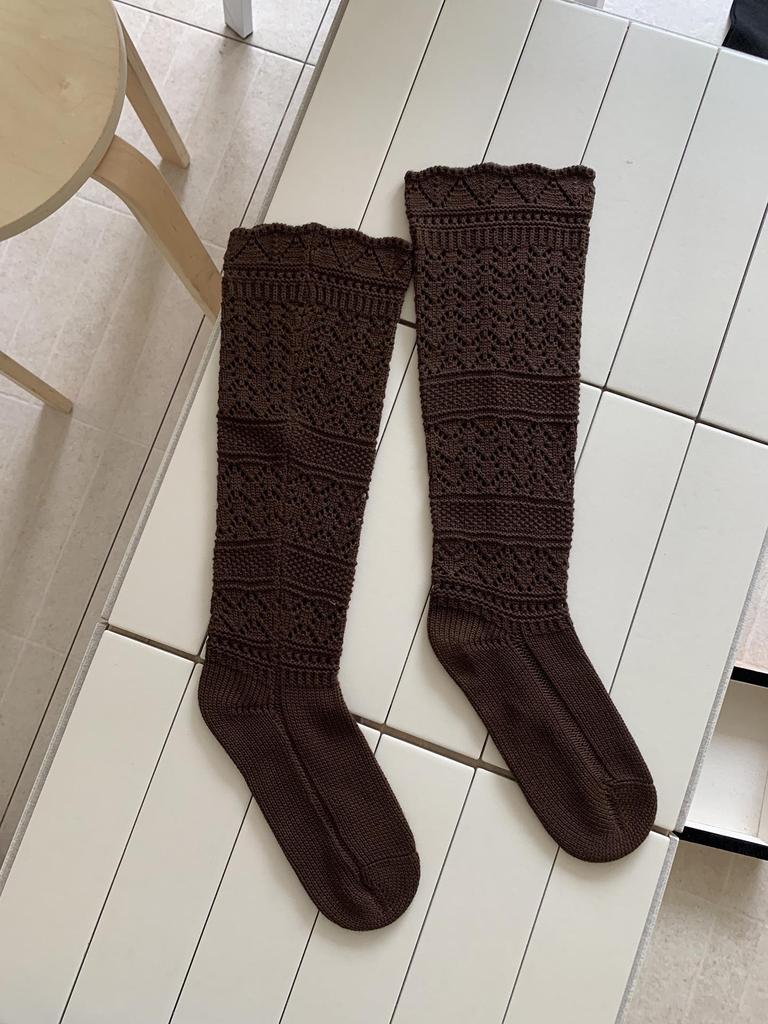 Wei Xue Autumn/Winter Hollowed Wool Slouch Calf Socks: Runway Style Knitted Lace, Warm & Slimming.