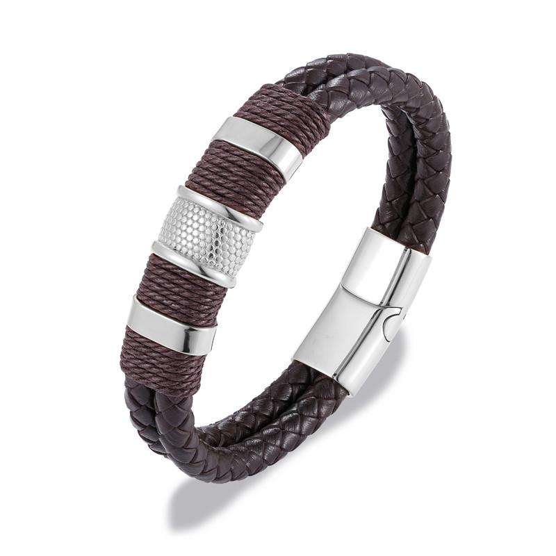 Punk Men Jewelry Black/Brown Braided Leather Bracelet Stainless Steel Magnetic Clasp Bangles 19/21/23cm