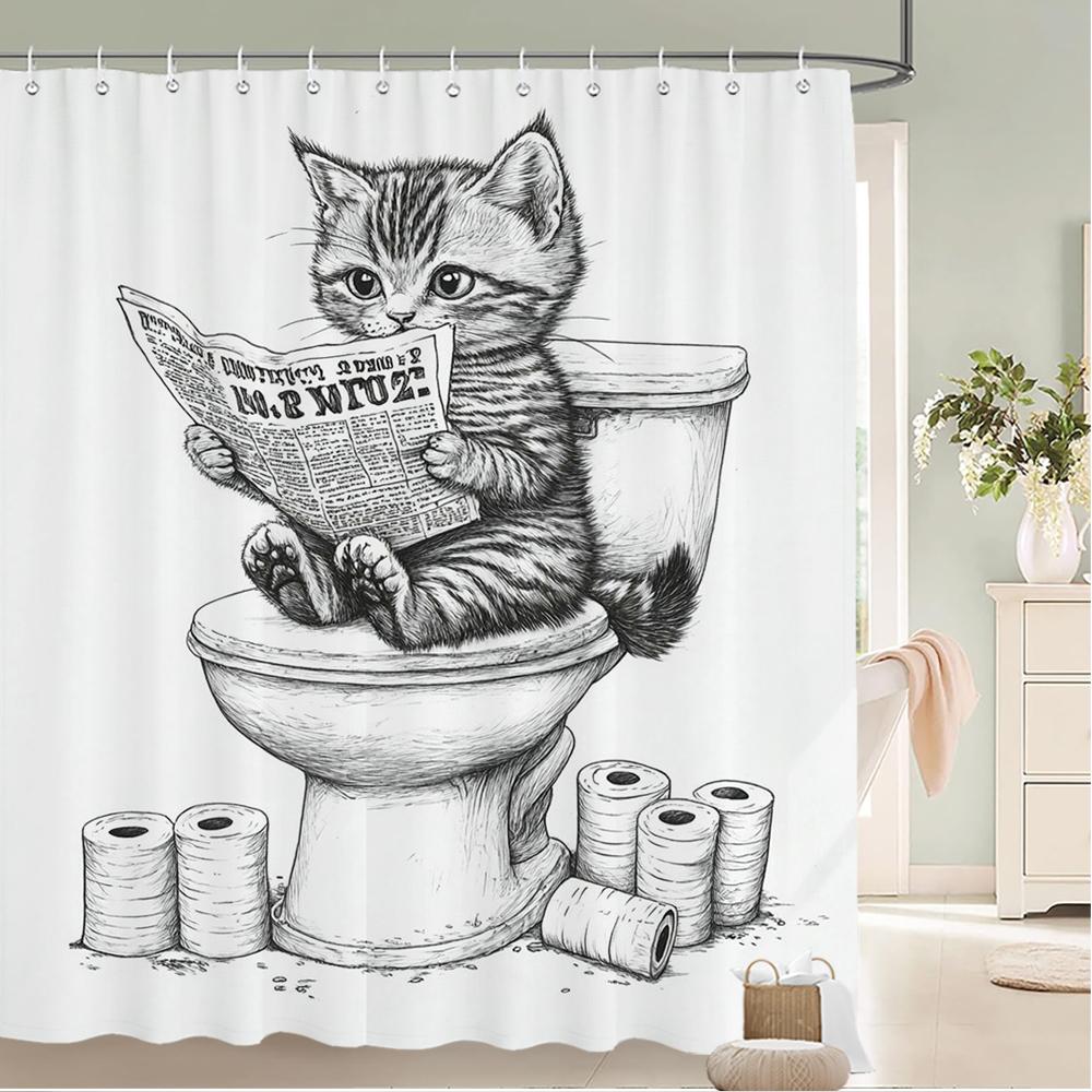 Liebliches Badezimmer Katze und Hund Muster Duschvorhang Badevorhang Cartoon Tiere Druck Badezimmervorhänge für Heimdekoration Vorhang