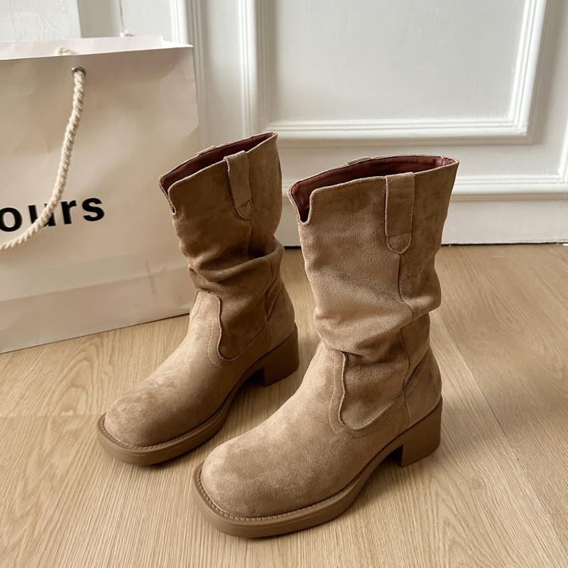 Autumn Winter Suede Woman Western Ankle Boots Comfort Slip On Shoes Female Vintage Thick Heel Short Booties  De Muje