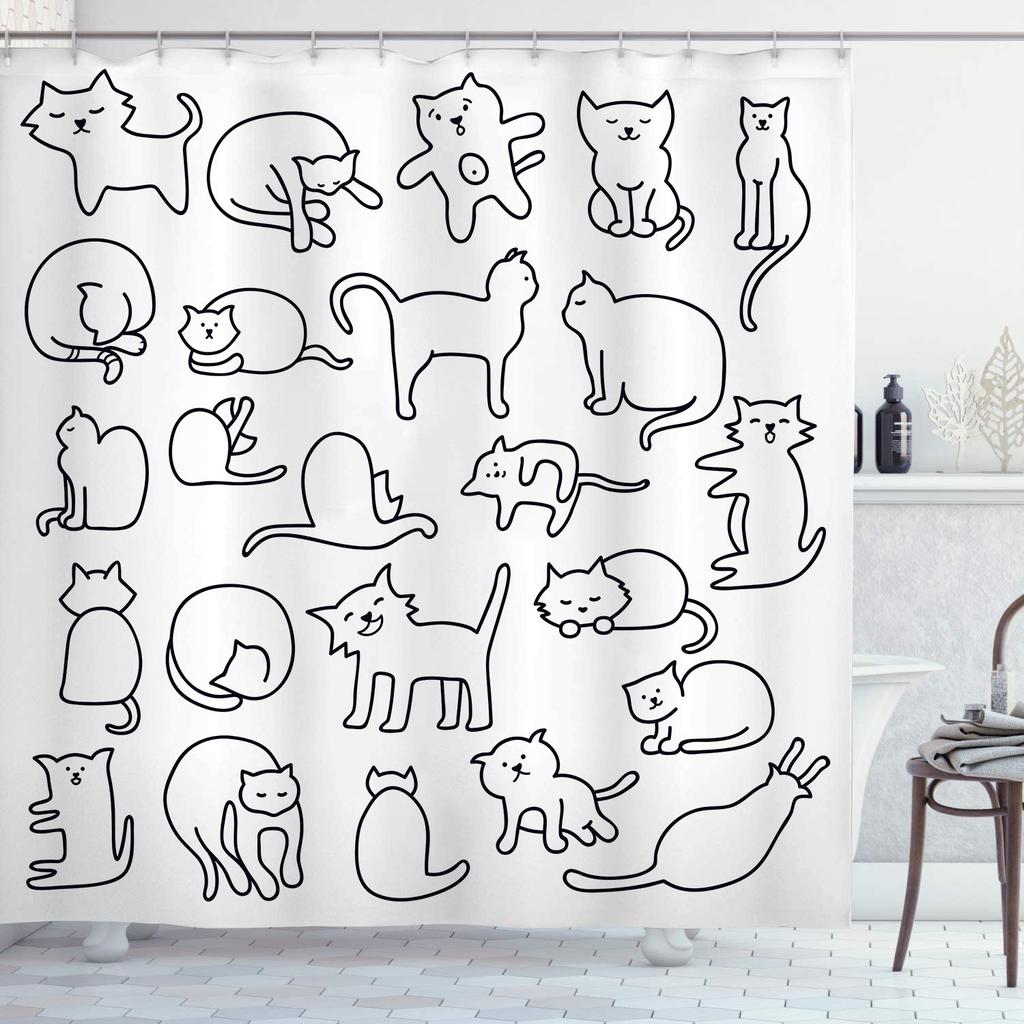 Schwarze Linie Katze Duschvorhänge Waschbarer Stoff Polyester Für Badewanne Kunst Badezimmerdekor Trennwand Mit Haken Aufhängen Wasserdicht