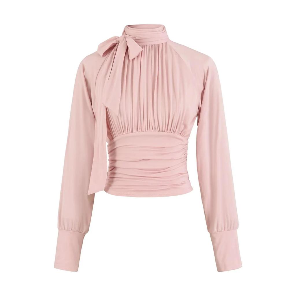 Women's French Retro Tie-Up Slim Fit Cropped Shirt - Stand Collar, Long Sleeve, High Waist (Spring/Autumn)