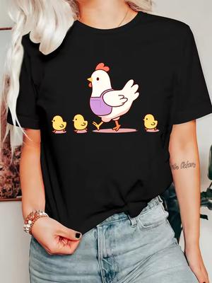 Lovely Farm Chicken Family Womens T Shirt Hen And Little Chicks Cartoon Graphic Tee Short Sleeve Casual Party Street Ladies Tops