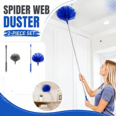 Extendable Spider Web Brush Set with Telescopic Stainless Steel Handle and Detachable Duster Head for Indoor Outdoor Cleaning