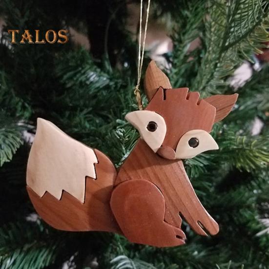 Weihnachtsschmuck in Tierform mit Umhängeband, Hirsch, Eule, Fuchs, handgeschnitzt, aus Holz, Weihnachtsbaum, Heimdekoration