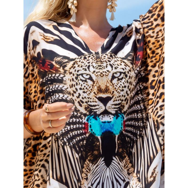 Damska Moda Lato Wiosna Panterka Rękawy 1/2 Dekolt V Luźna Talia Sukienki Casualowe