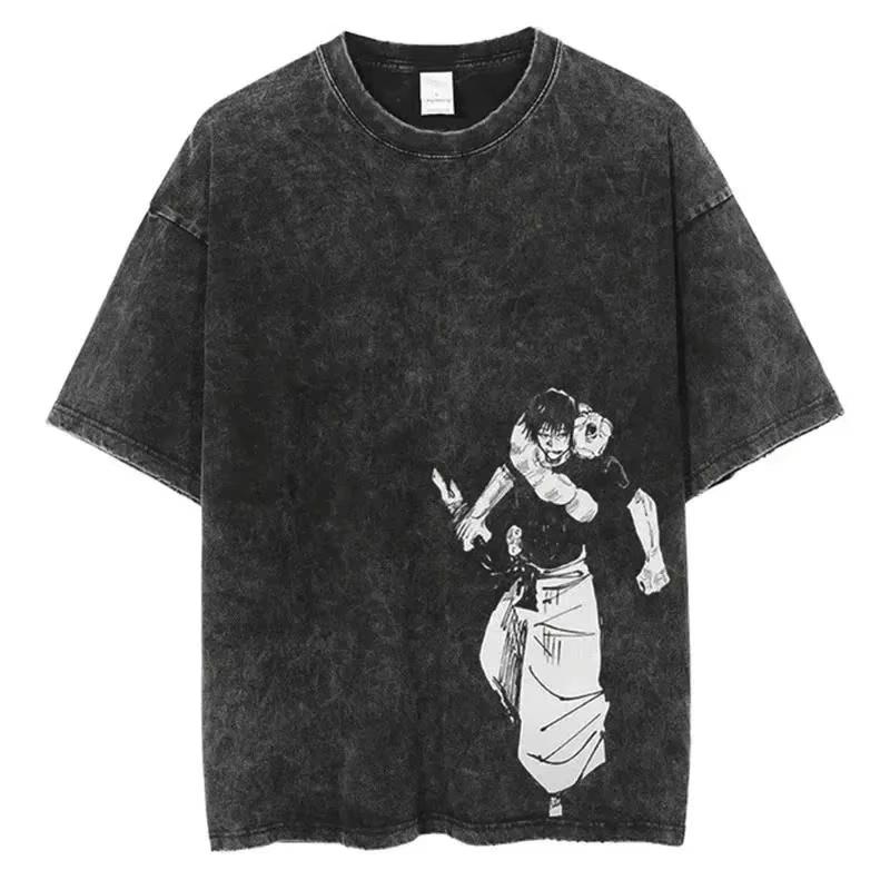 Fushiguro Toji Koszulka z Nadrukiem Anime Jujutsu Kaisen T-shirt Męski Damski Luźna Płukana Bawełna Oversize Koszulka Retro Manga Grafika Krótki Rękaw Streetwear Top