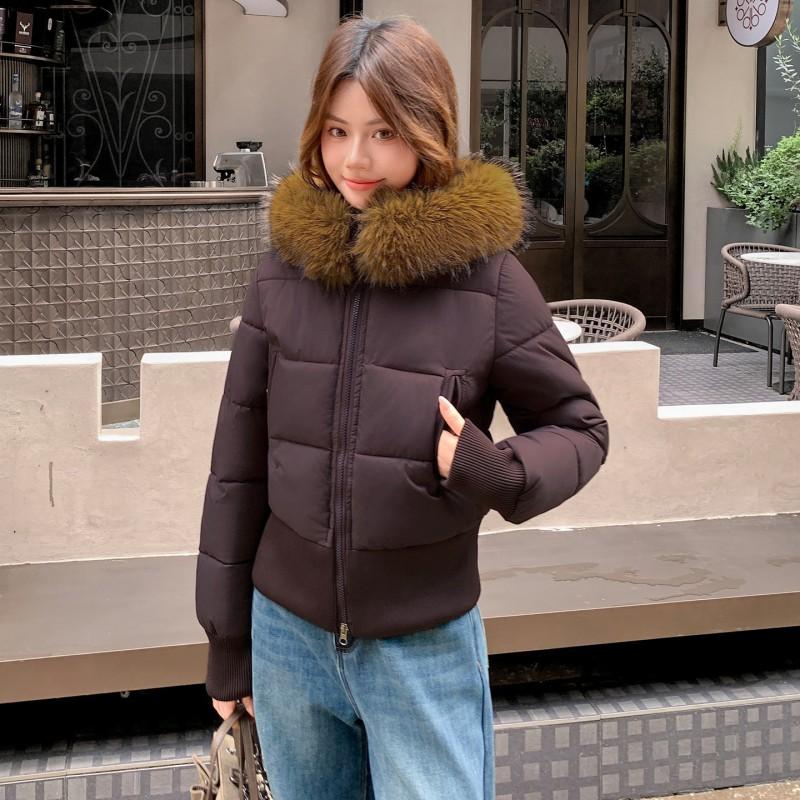 Womens Short Puffer Coat With Detachable Faux Fur Collar Winter Warm Thick Cotton-Padded Jacket Small Stature
