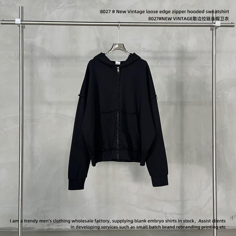 430GSM Heavyweight Cotton Washed Frayed Zip Hoodie Unisex Streetwear